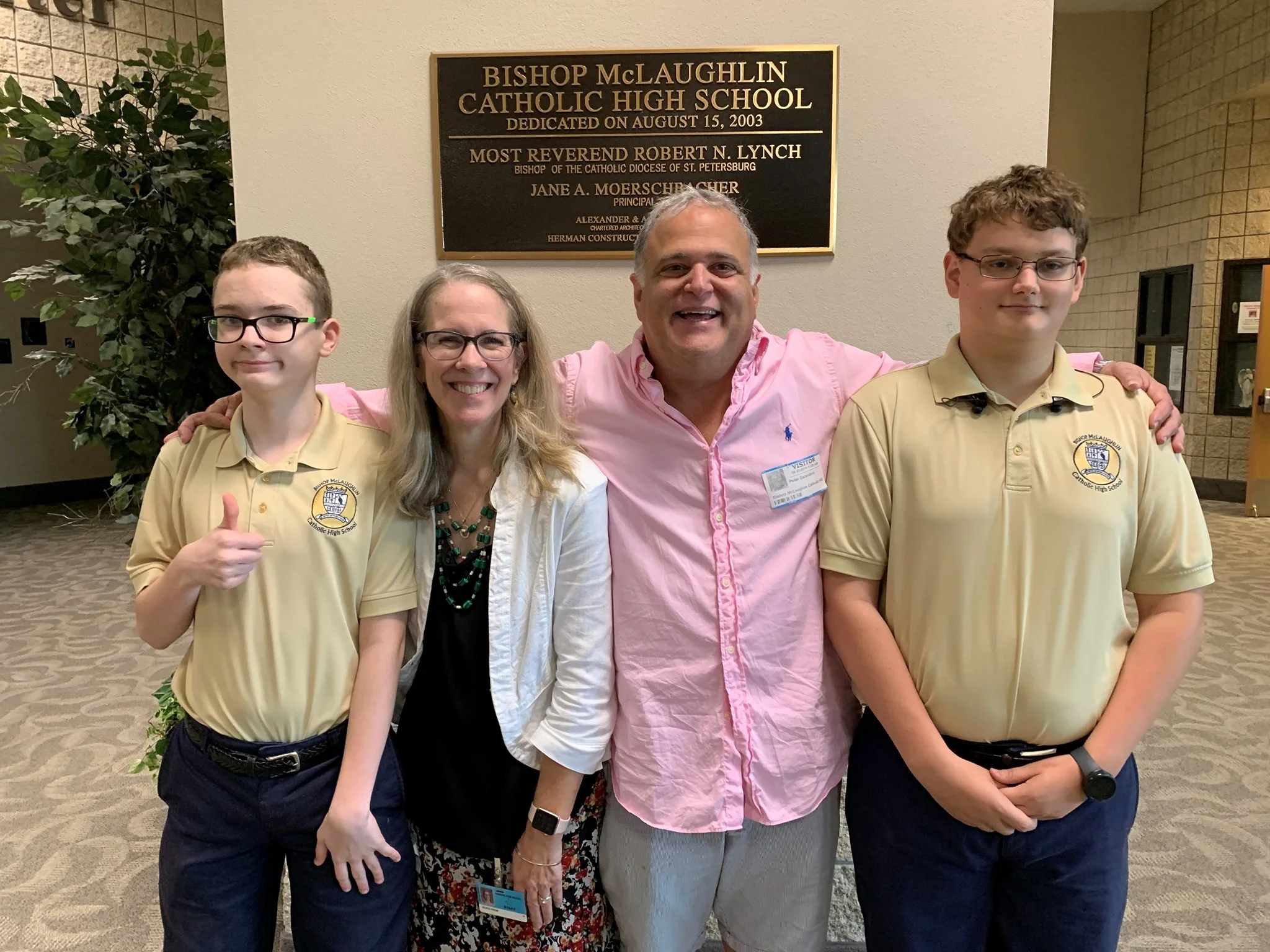 Pictured here are President Galantino alongside Principal of Morning Star School, Eileen Odom, as well as our past scholarship recipients Cameron Wood and Sam Dewitt. We are so pleased to see they are doing well at Bishop McLaughlin Catholic High School and wish them a successful year!