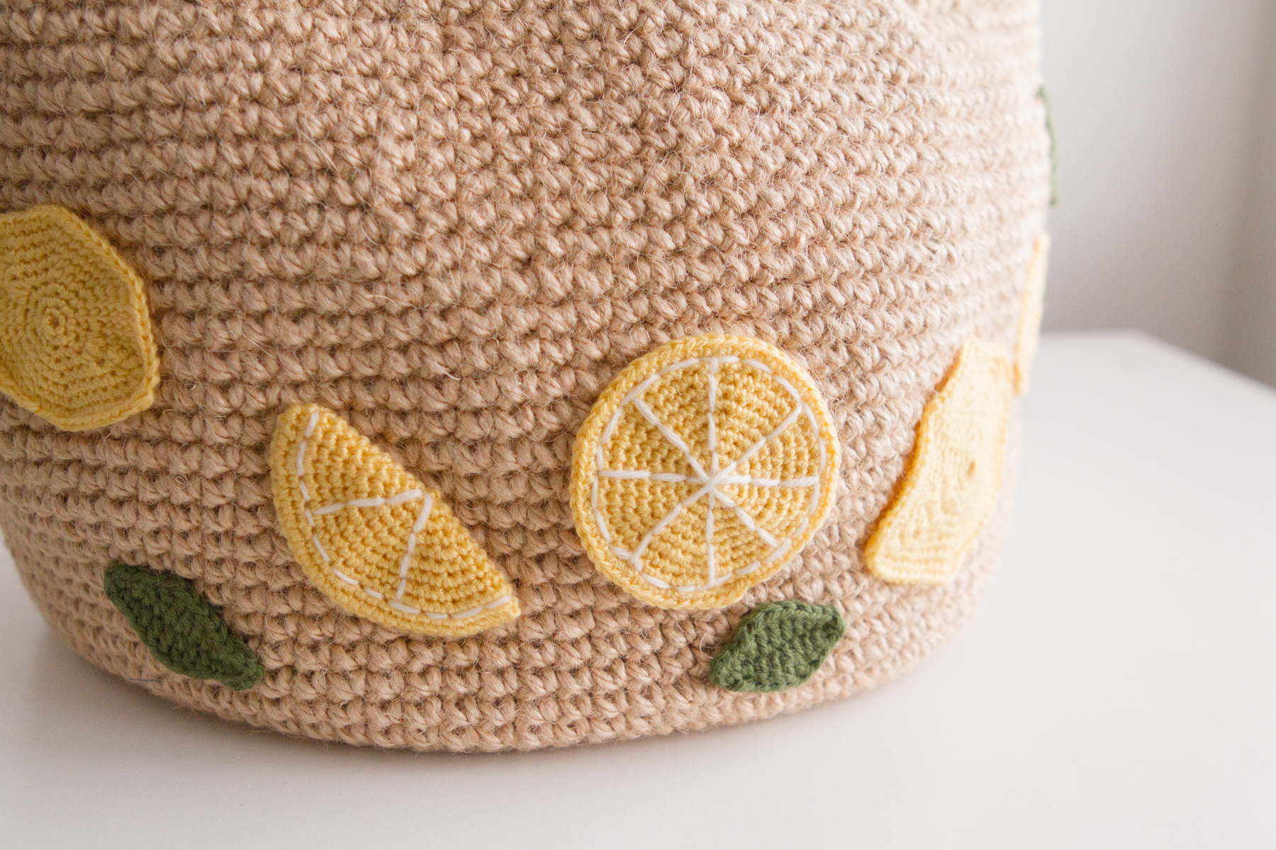 Crocheted lemons slices up close