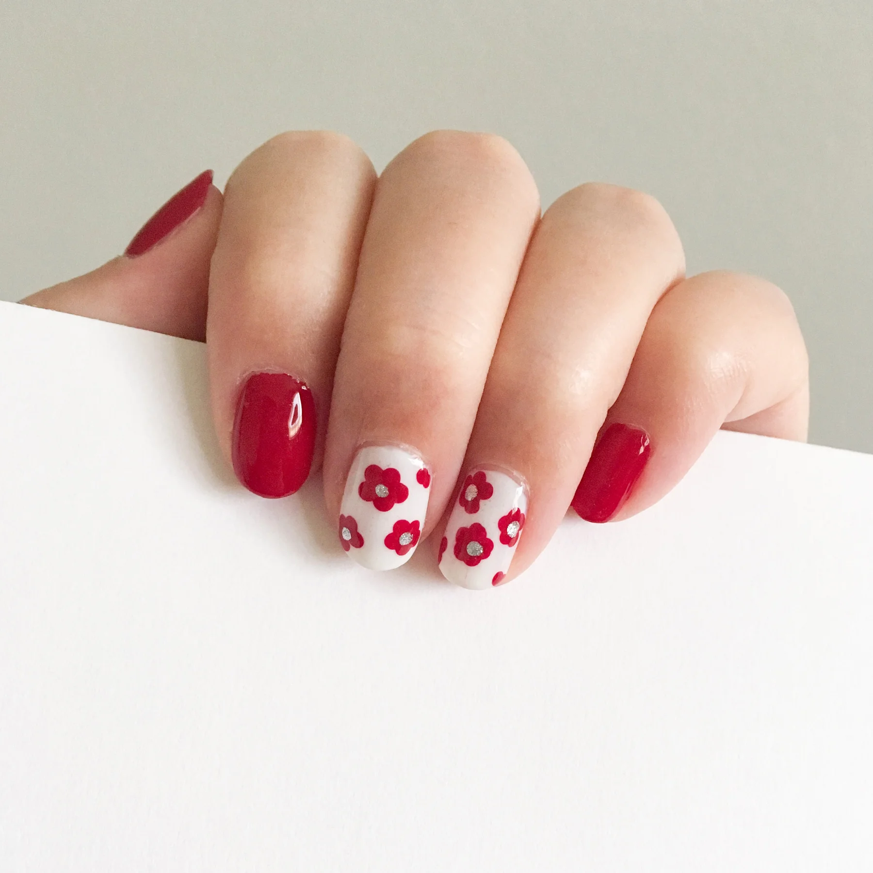 Canada Day nails! Red: Essie Head Mistress / White: China Glaze Moonlight / Silver: Sephora by OPI Bring On the Snowflakes