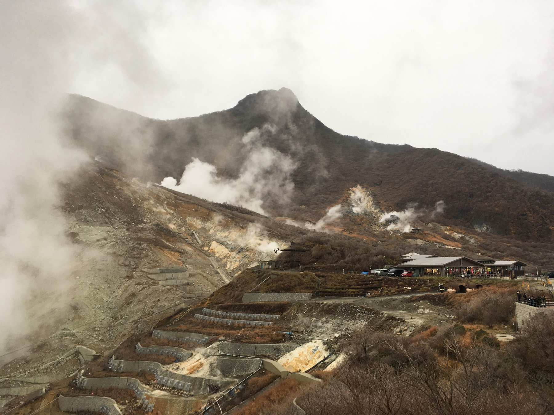 Owakudani Volcanic valley. There was an eruption not too long ago, so we couldn't go up any higher. But yo can see the stream from the volcanic gas.