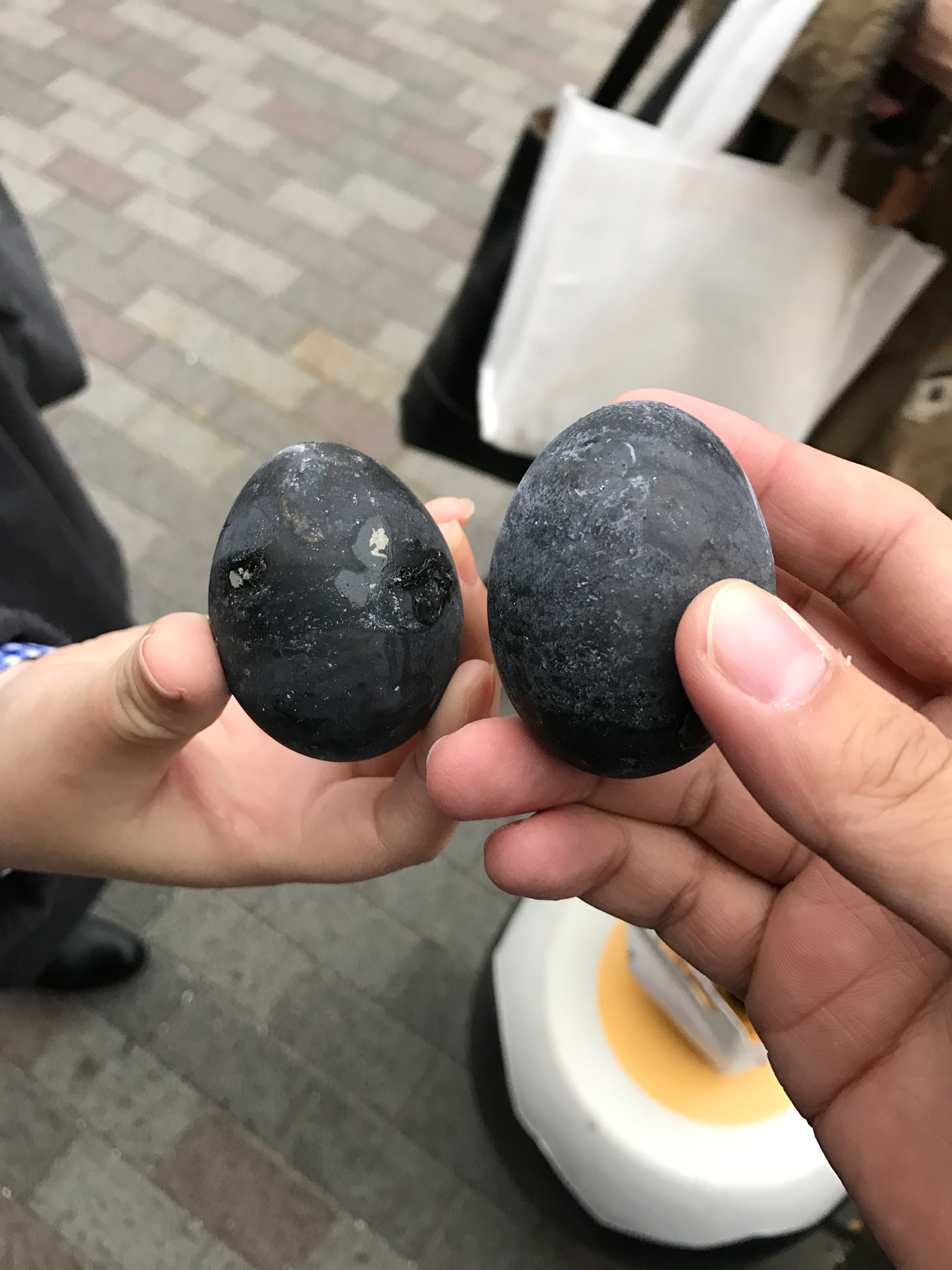Owakudani black eggs. They're regular chicken eggs, only the shell turned black due to being boiled in hot sulphur spring. They say if you eat one, 7 years will be added to your life!