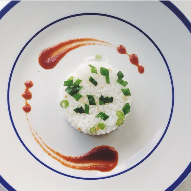  White rice and chopped green onions to garnish on plated design 