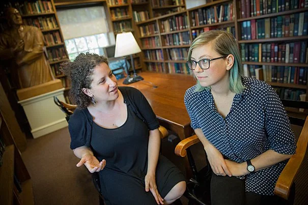 Vanessa Zoltan and Ariana Nedelman of the "Harry Potter and the Sacred Text" podcast. Photo by Kris Snibbe/Harvard University