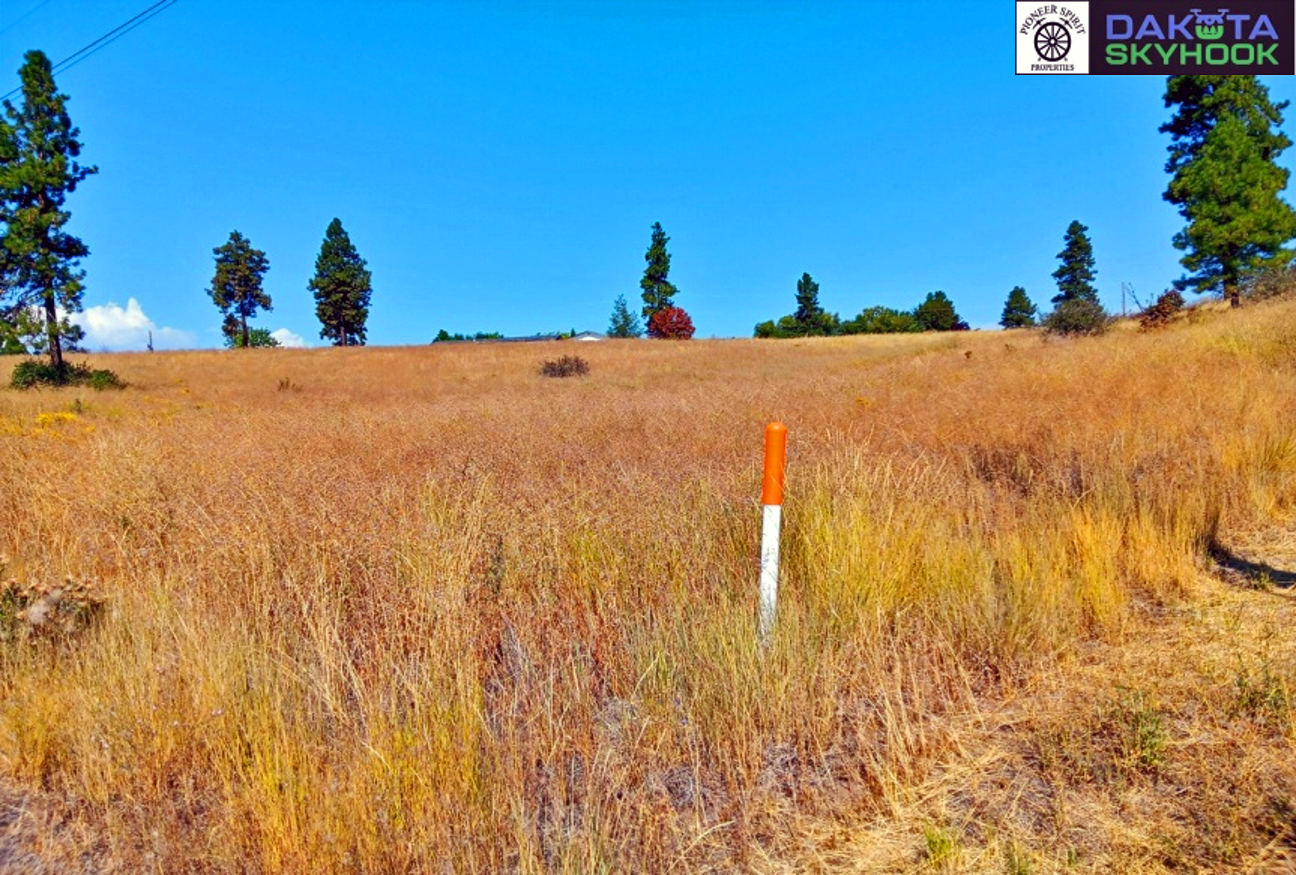A grassy field with tall, dry yellow and brown grass, a white and orange boundary marker, and scattered evergreen trees under a bright blue sky. Logos in the top right corner for Pioneer Spirit Properties, Dakota Skyhook, and related services.