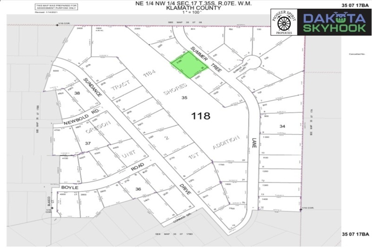 Map of a residential neighborhood in Klamath County, with street names including Summer Tree, Sundance, Newbold Rd., Orion, Boyd, Lane, and Dove. A specific plot of land is highlighted in green.