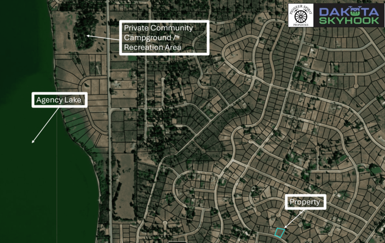Map showing a residential area with roads and plots, a lake labeled Agency Lake on the left, a private community camping and recreation area, and a property outlined in blue. The map includes the Dakosta Skyhook and Pioneer Spirit Properties logos.