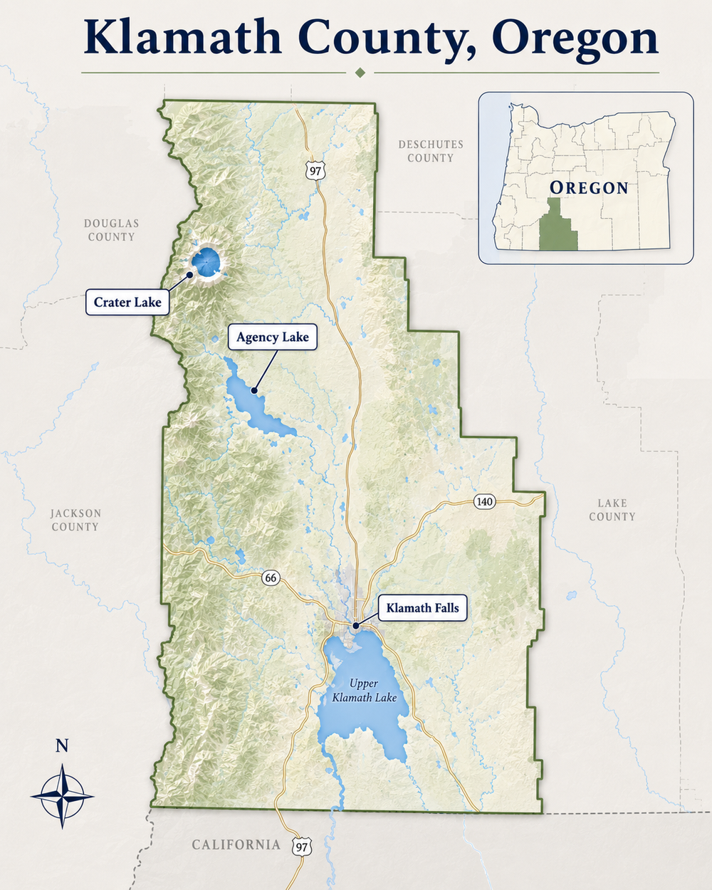 Map of Klamath County, Oregon showing Crater Lake, Agency Lake, Upper Klamath Lake, and Klamath Falls