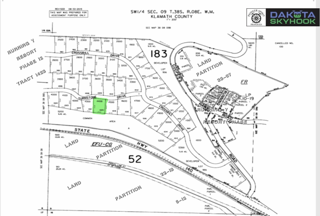 A detailed land development map of Klamath County, Oregon, highlighting lot 4450 in green, showing various property boundaries, roads, and land parcels with labels and measurements.