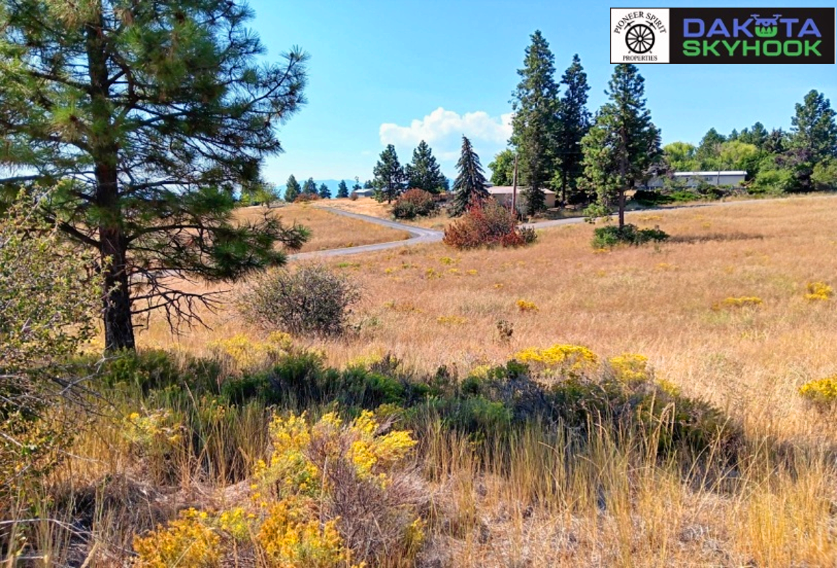 A scenic rural landscape with dry grass, shrubs, and tall evergreen trees on a sunny day. A winding road is visible in the background with a house among the trees, and the sky is blue with a few white clouds. Logos for Pioneer Spirit Properties and Dakota Skyhook are in the top right corner.