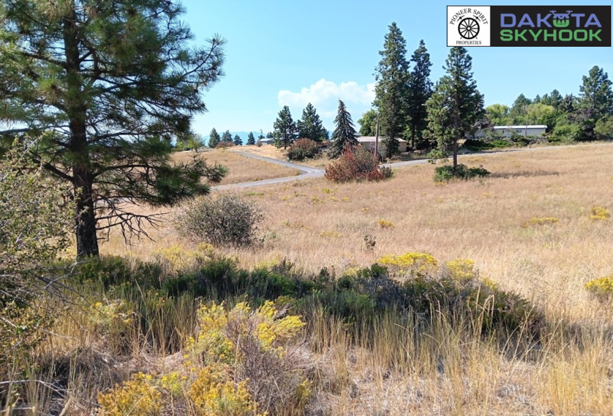 A scenic rural landscape with grassy fields, scattered trees, and a winding road. There are signs in the top right corner indicating it is from Dakota Skyhook and Pioneer Spirit Properties.