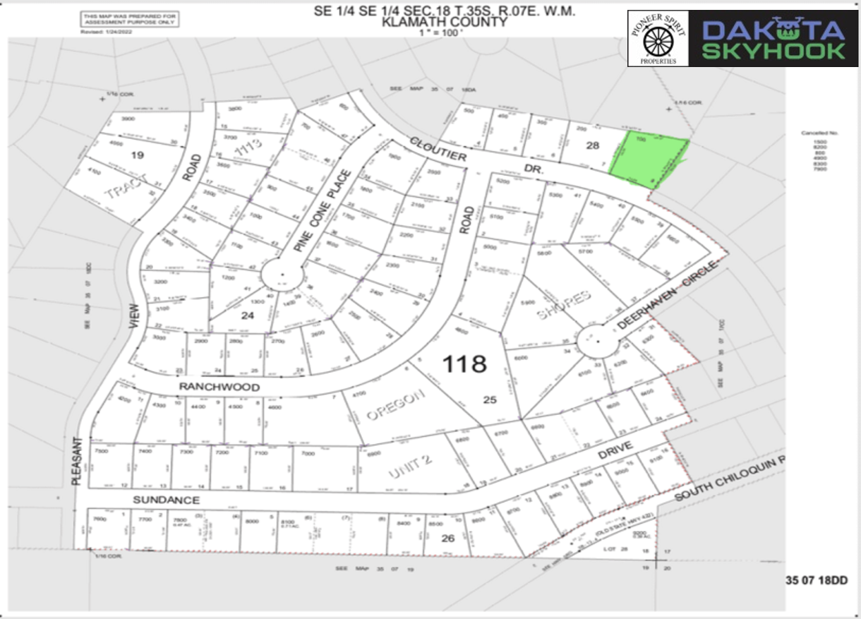 A detailed plat map of a residential subdivision in Klamath County, showing lot boundaries, street names, and some lots highlighted in green. It features streets such as Pine Cone Place, Oregon Drive, and South Chilouin Road, with lot numbers and sizes indicated.