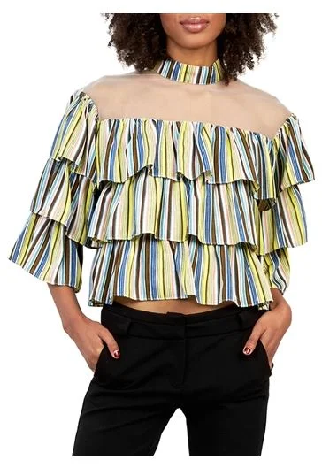  Stripe layered ruffle high-neck top