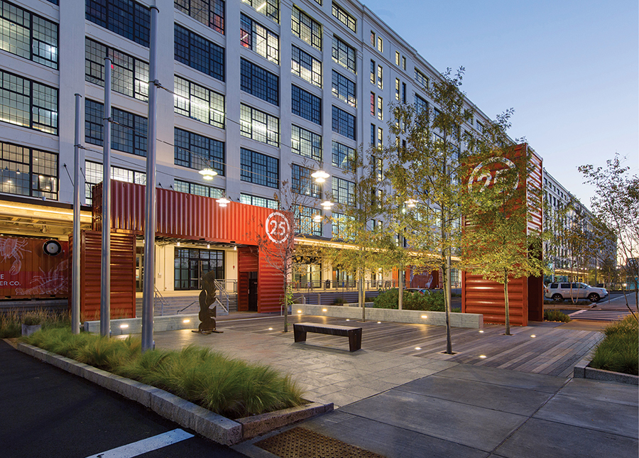 The Innovation and Design Building, a huge former military facility that has been repositioned as innovative office and industrial space. This building now is the home of MassChallenge, Autodesk, Reebok, America’s Test Kitchen, Continuum Innovation, Ginkgo Bioworks, and more, as well as all of the design trade showrooms in the city.