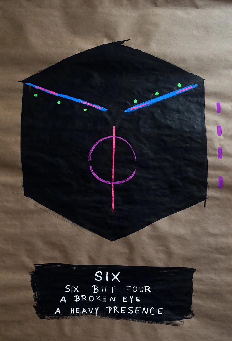 Broken Eye, Heavy Presence (6) Ink and Fluorescent Gouache on Kraft Paper
(24 x 36 inches)