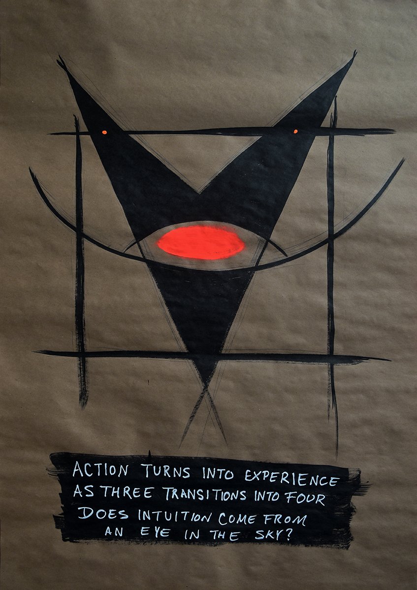 Does Intuition Come From an Eye in the Sky? (3 & 4) Ink and Fluorescent
Gouache on Kraft Paper (24 x 36 inches)