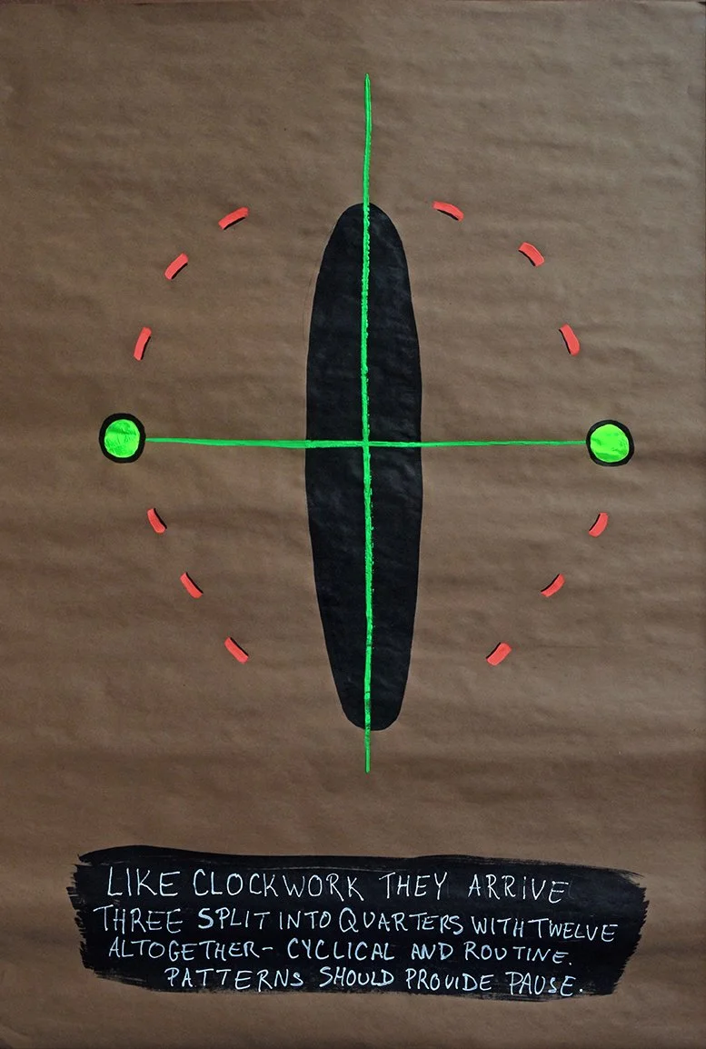 Like Clockwork (3 & 12) Ink and Fluorescent Gouache on Kraft Paper (24 x 36
inches)
