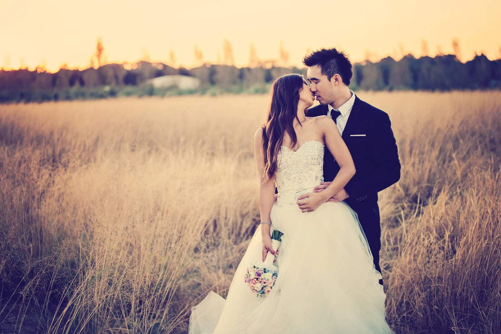 bride and groom having a romantic kiss in the wheat field, Swan Valley.