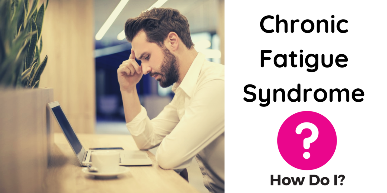 Chronic Fatigue Syndrome - Pictured is an office worker sitting at desk with a coffee and a laptop, rubbing their temples and looking visibly fatigued