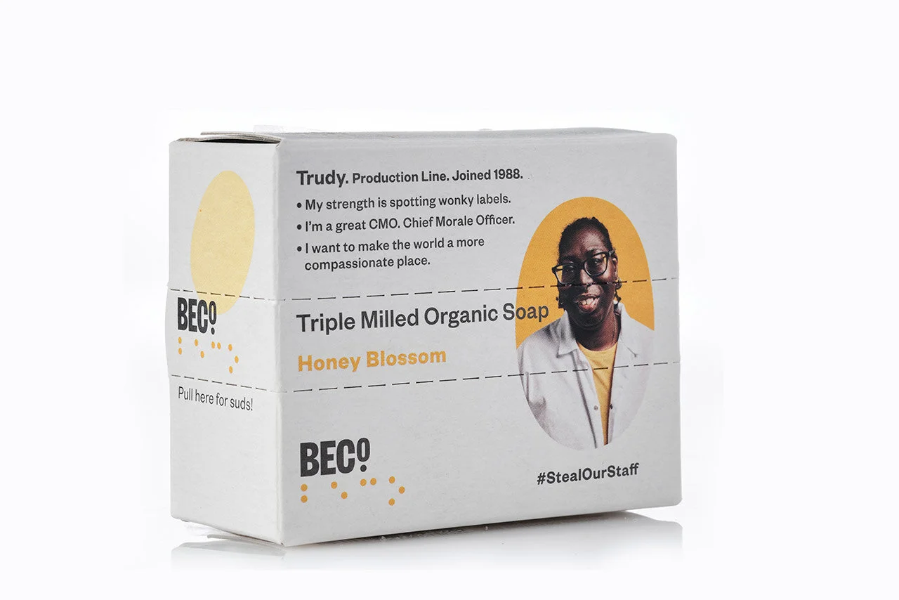 A picture of BECO’s #StealOurStaff soap, their colleague Trudy is pictured on the left side of the box while on the right side is information about her role and her strengths.