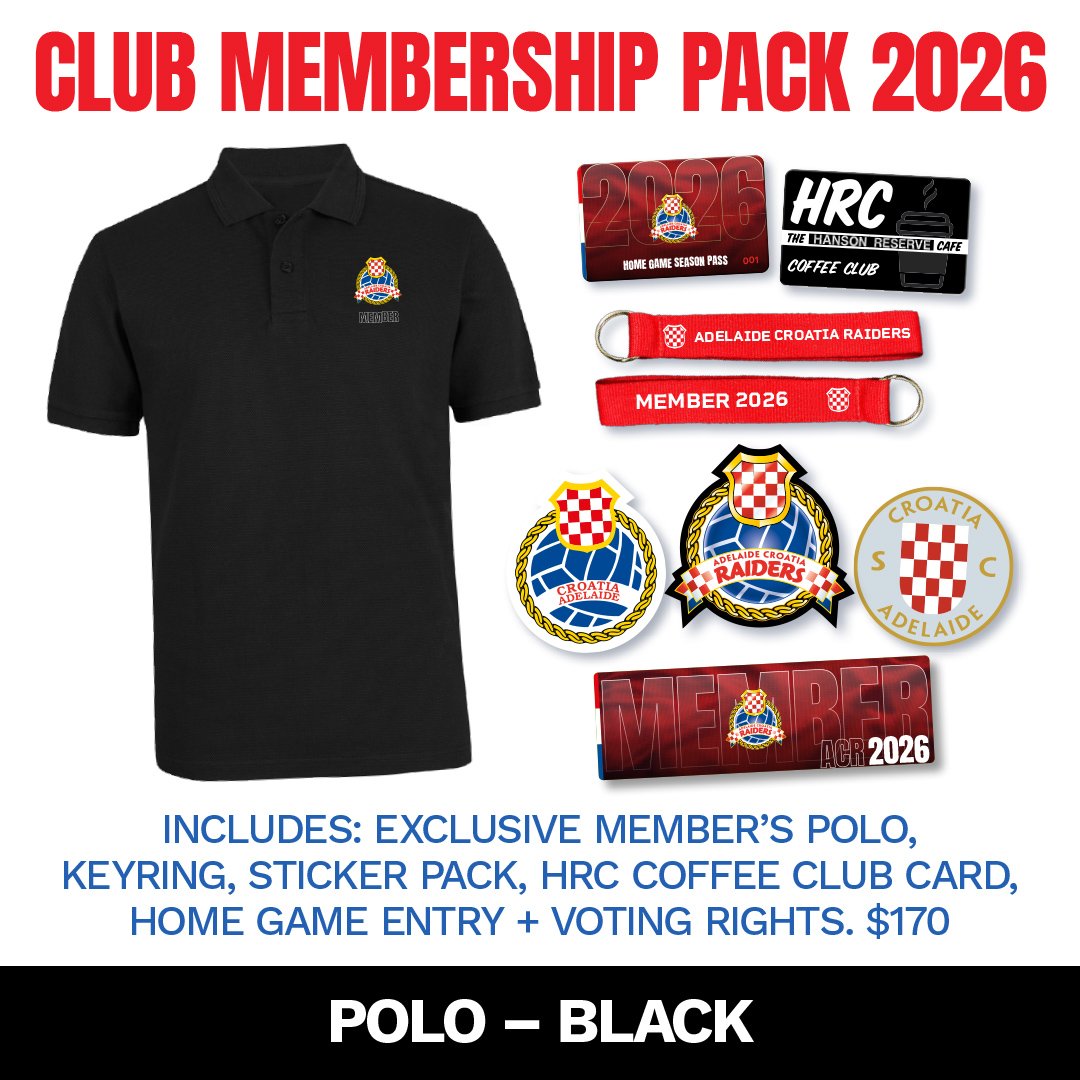 Adelaide Croata Raiders Club Membership Pack 2026 with Polo shirt black colour.