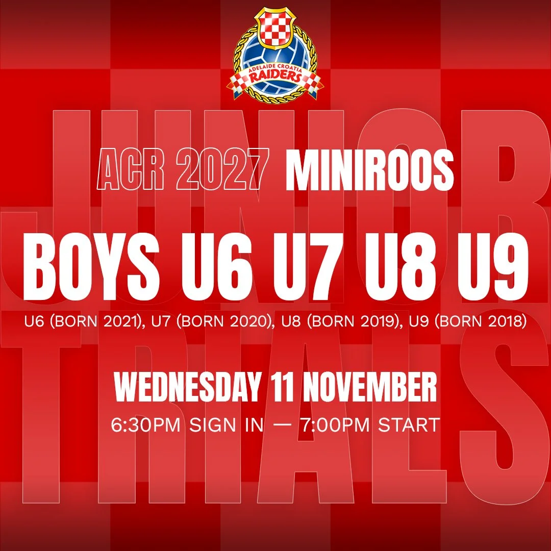Adelaide Croatia Raiders Junior Boys MiniRoos U6 U7 U8 U9 Teams Season 2027