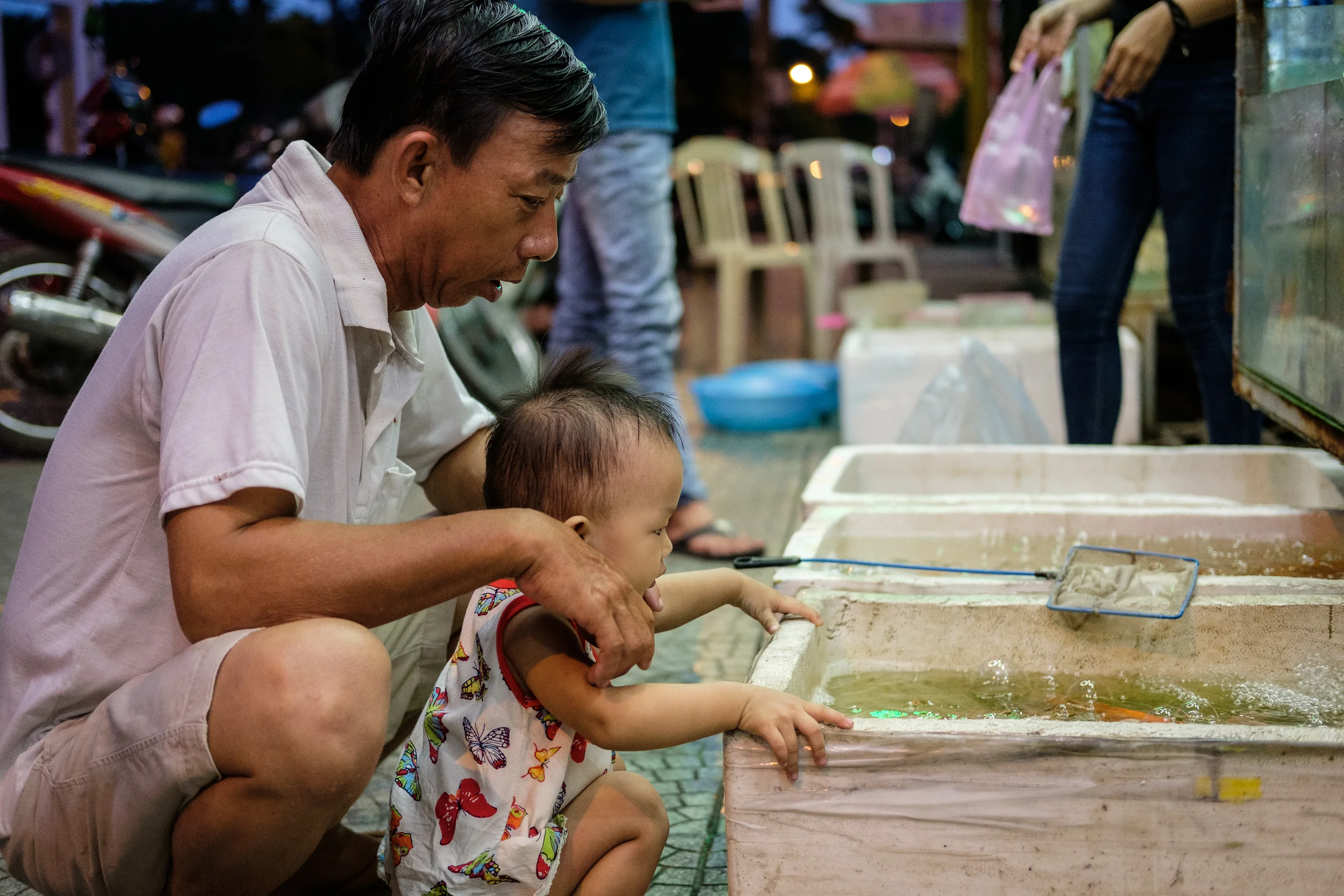Shopping for gold fish in central Hue.