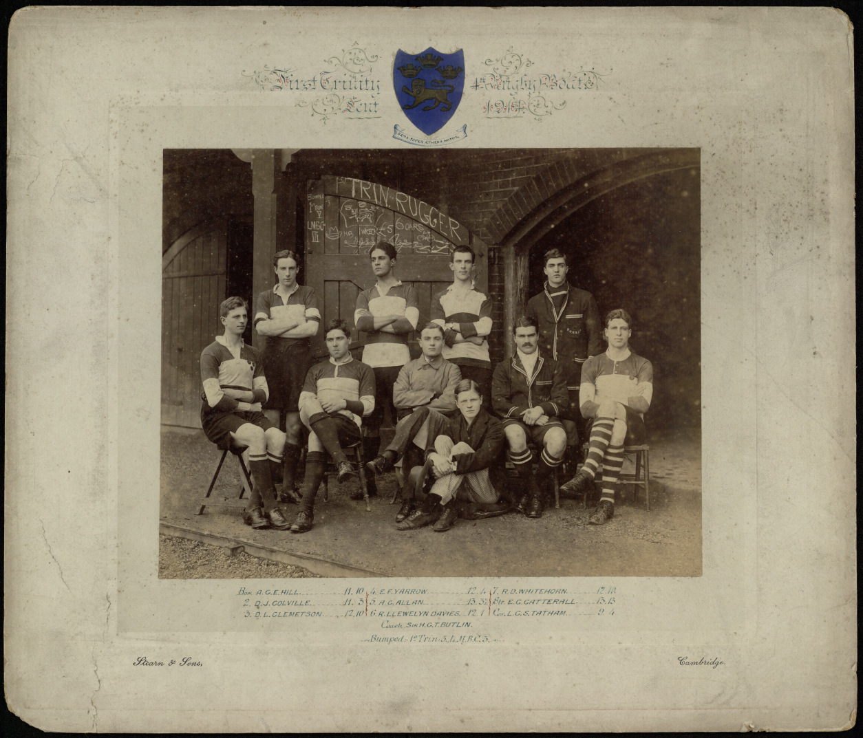 The First The First Trinity and Fifth Boat (also known as the “Rugger Boat”) team that rowed in the Lent Bumps, February 1914. Courtesy of the Master and Fellows of Trinity College Cambridge, Cambridge University.