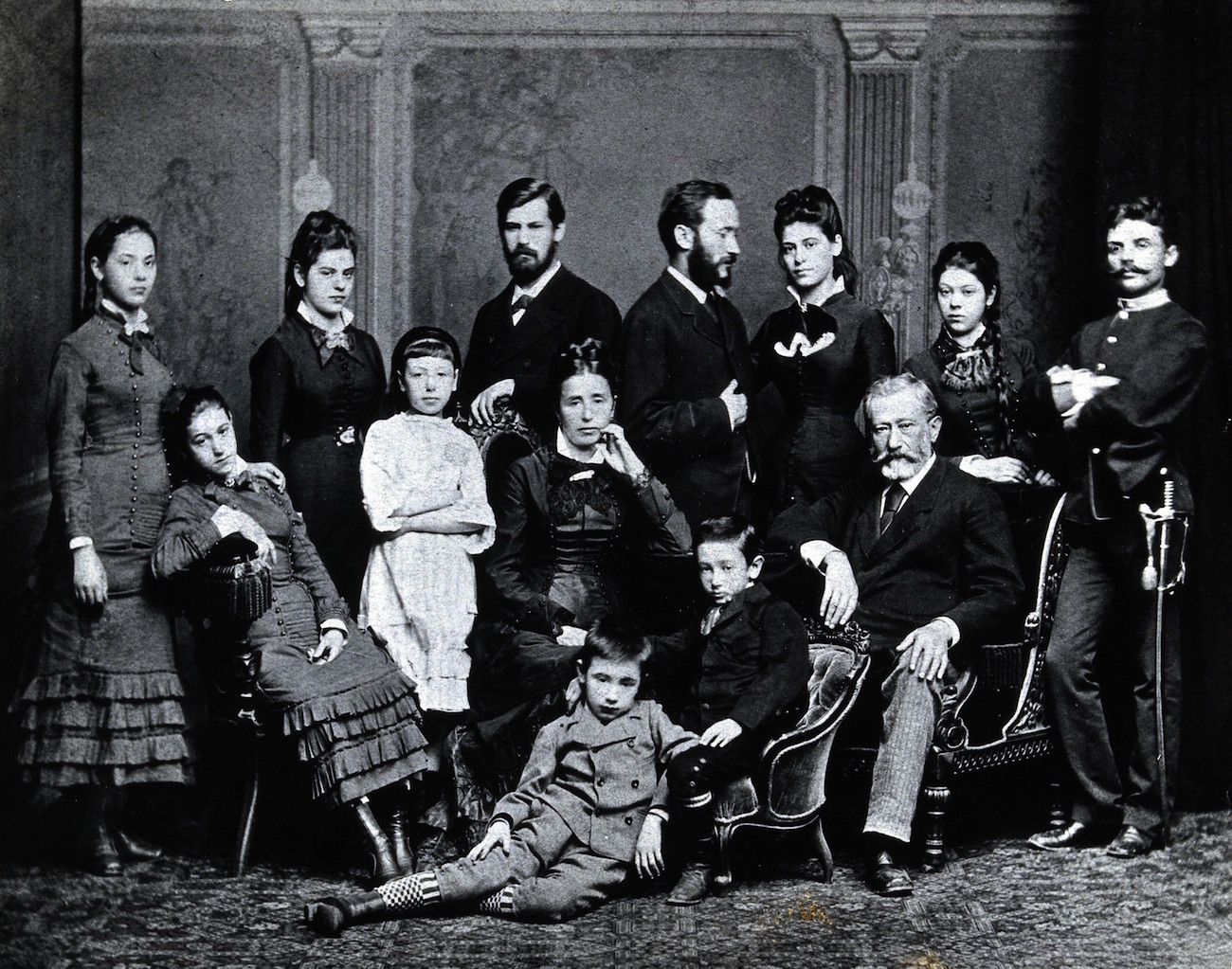 Freud family c.1876. Standing left to right: Paula, Anna, Sigmund, Emmanuel, Rosa and Marie Freud and their cousin Simon Nathanson. Seated: Adolfine, Amalia, Alexander and Jacob Freud. Hulton Archive/Getty Images