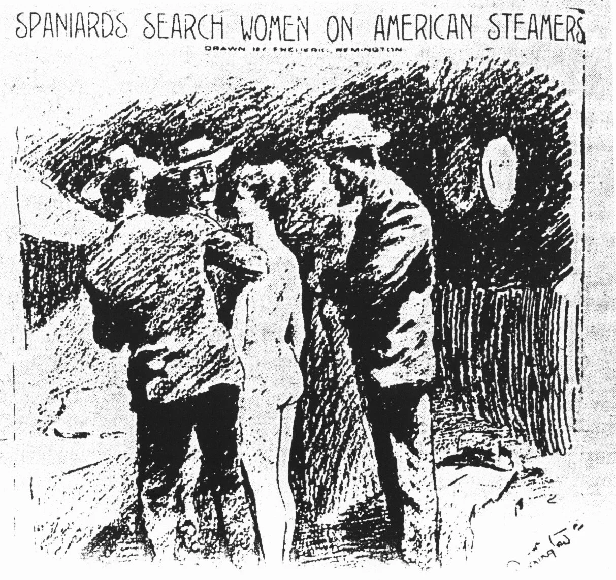 Hearst's "yellow journalism": Spanish officials strip search an American woman tourist in Cuba looking for messages from rebels (artist: Frederic Remington)