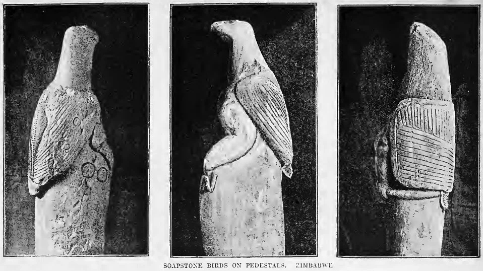 Three stone carvings of different Zimbabwean stone birds on pedestals, each with distinct detailed feather and wing designs.