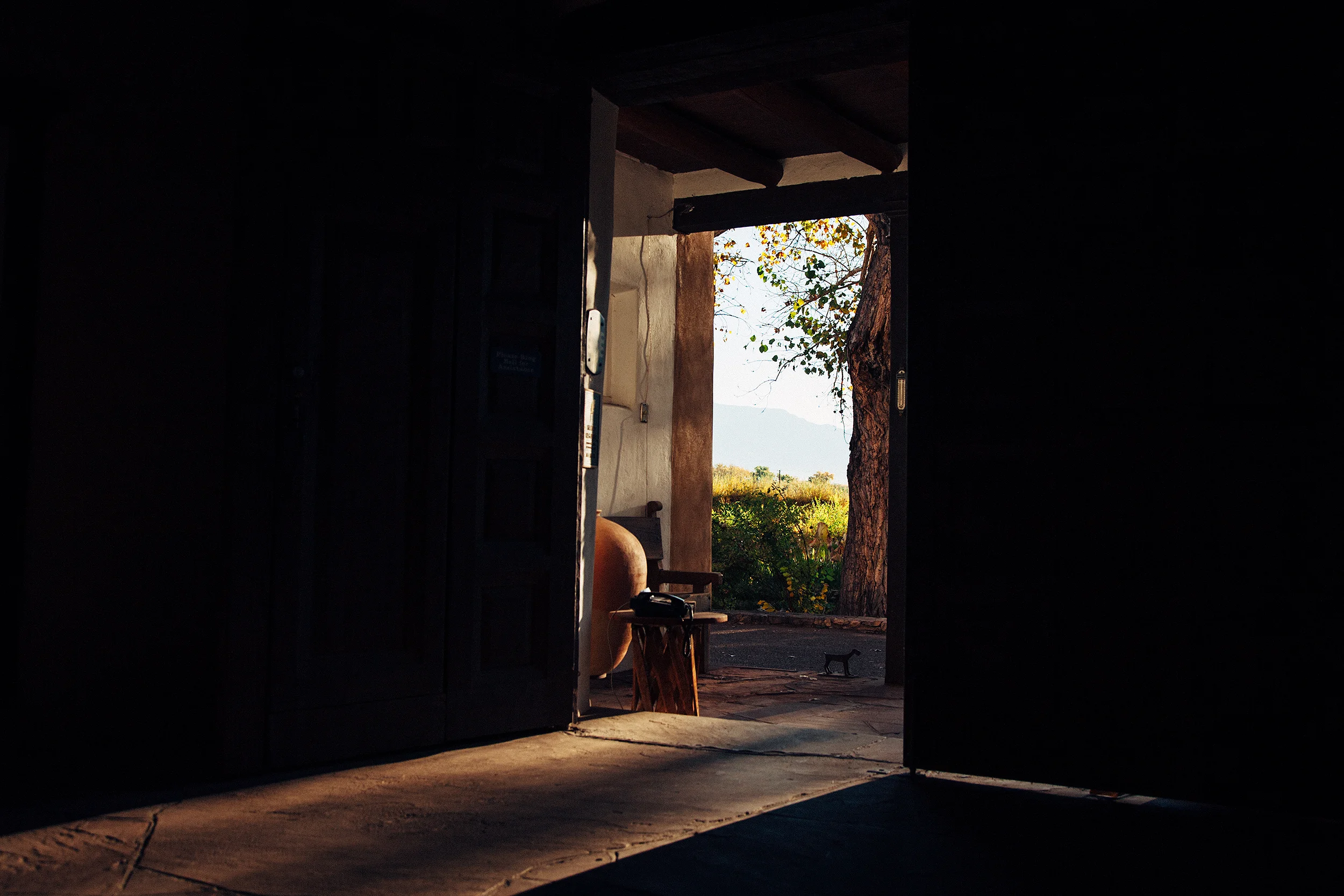The Sandia Mountains from the courtyard at Los Poblanos ranch