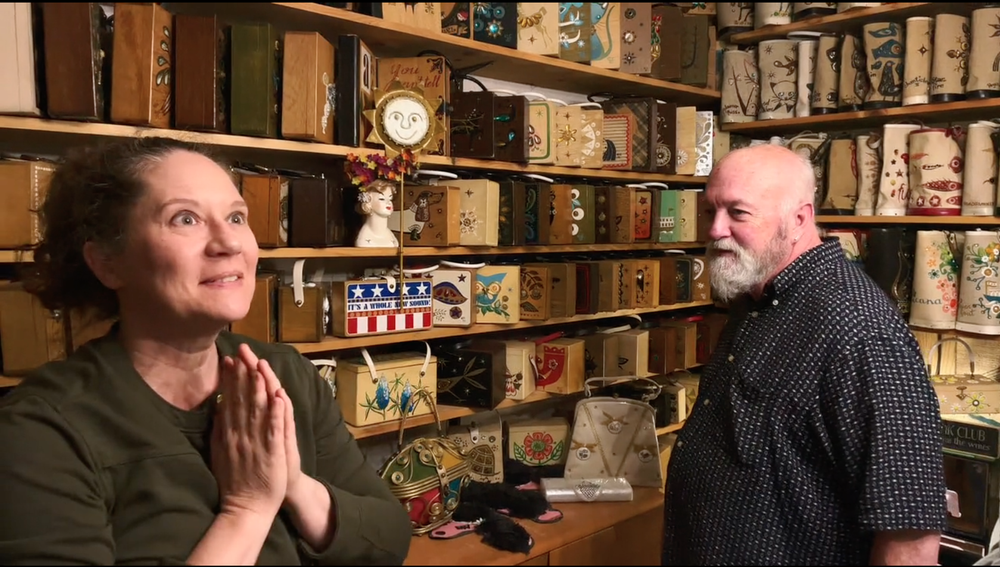  The camera captures a moment between collectors Laura Seargeant Richardson and Pat Duell, whose decades-in-the-making collection fills a room from floor to ceiling. Credit: Michael Maloy, 2022 