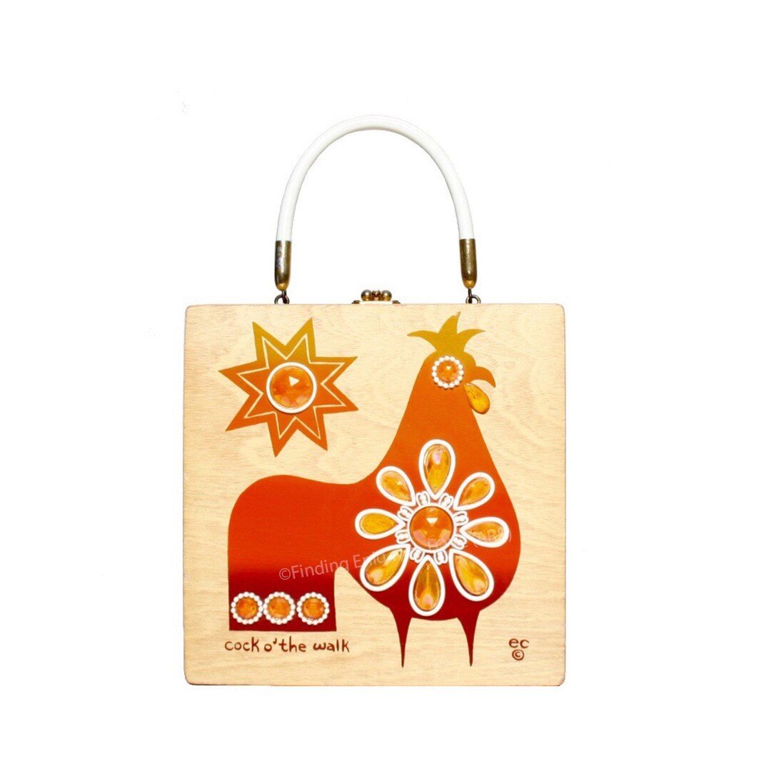 Only eight more days 'til sunshine, sunglasses and cock-tails at Arizona Tiki Oasis! 

Today's bag: 1966-67 &quot;cock o' the walk&quot;, described as &quot;Stylized rooster with sunburst.&quot; 

#arizonatikioasis #enidcollins #roosterart