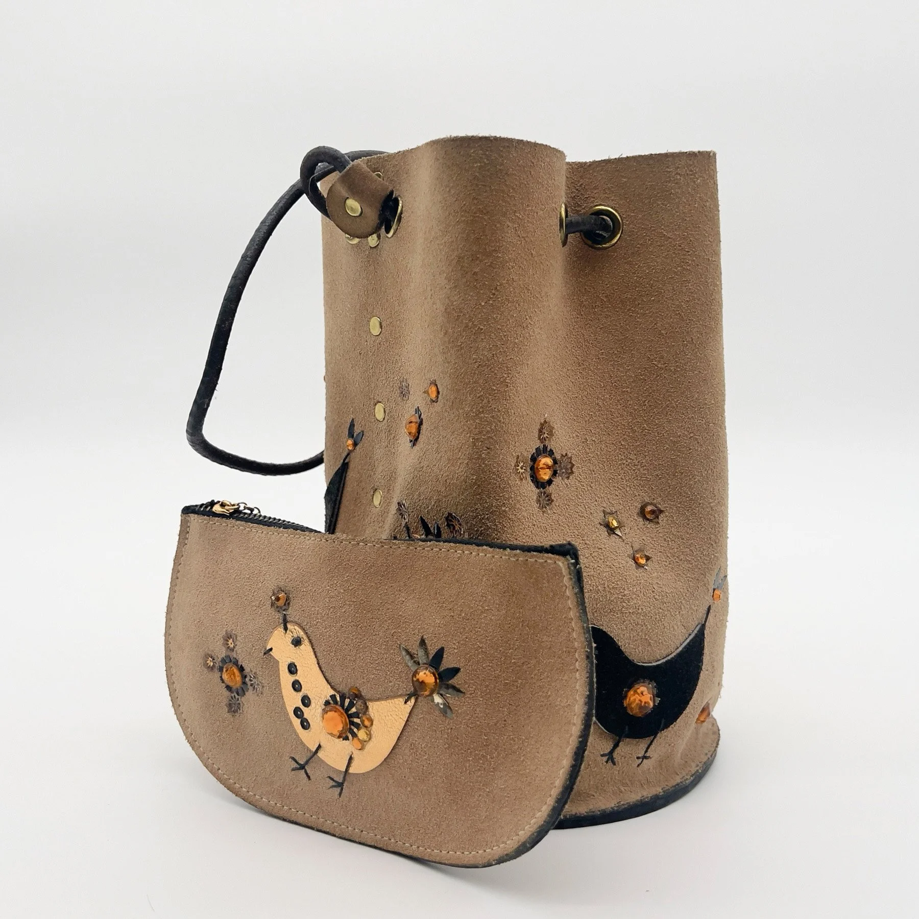  Suede coin purse and drawstring feedbag purse by Enid Collins, ca. mid-1950s 