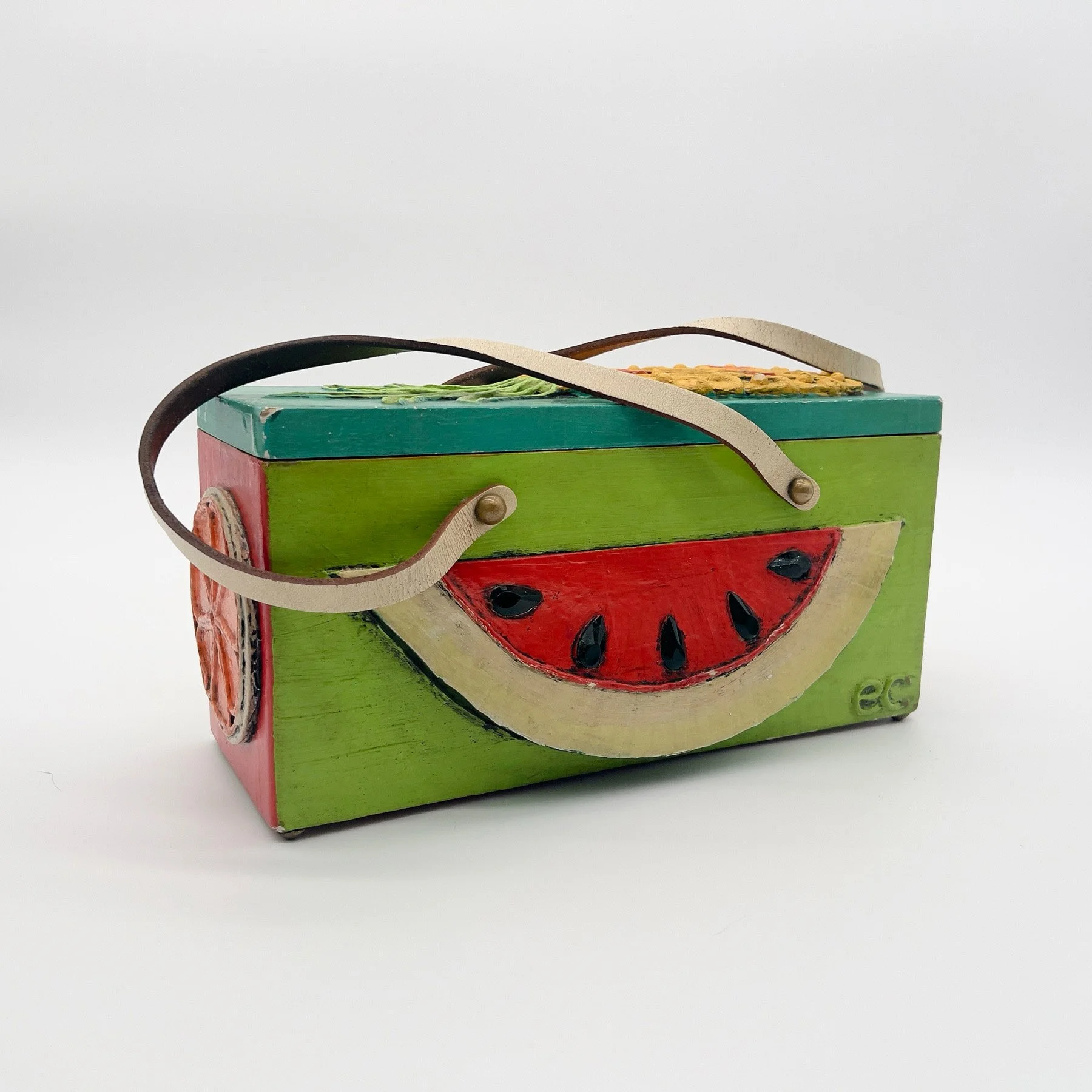 [vegetables] papier mâché casket box bag by Enid Collins, cs. 1966-1968 