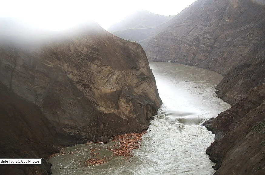 View of Big Bar landslide looking north. Note the steep waterfall as a result of the landslide. Photo courtesy: Province of British Columbia