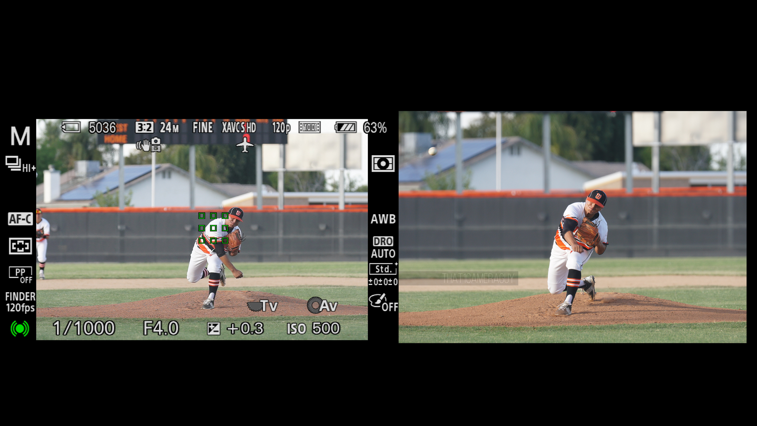 Example of autofocus of Sigma 120-300 Sport using the MC-11 adapter. The left shows what the camera is doing while the right is the resulting photo.