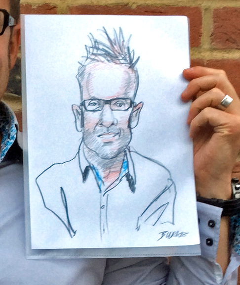 A4 drawing in a few minutes then put in a plastic folder for you to show around at the party Then frame later.