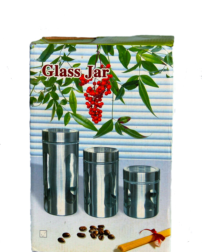 set of 3 chrome and glass canisters ( sold out) n2,900