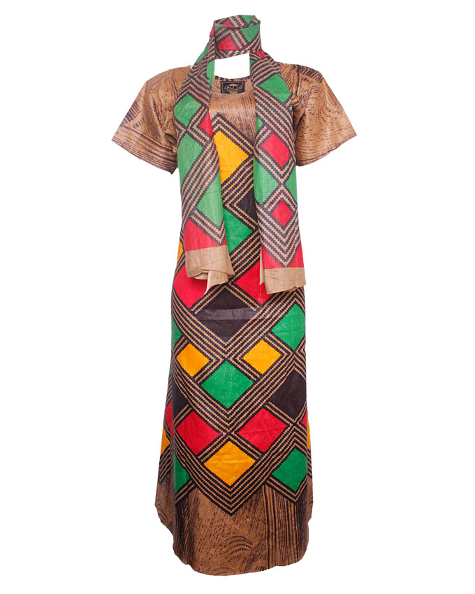 PRETORIA MAXI DRESS W/ MULTI-COLOR PRINT AND SCARF - brown SIZES 18 N8,500
