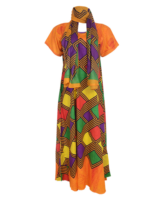 PRETORIA MAXI DRESS W/ MULTI-COLOR PRINT AND SCARF - orange SIZES 18 N8,500