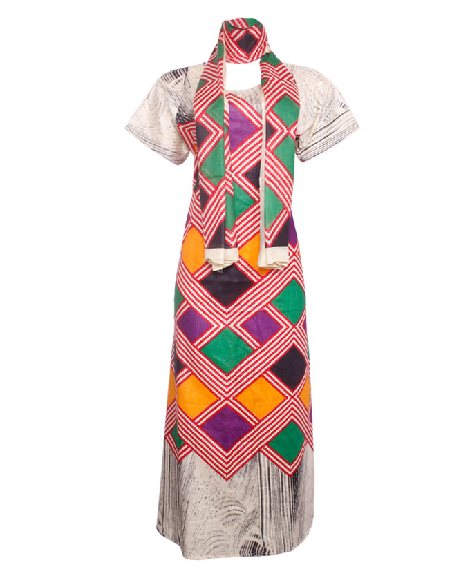 PRETORIA MAXI DRESS W/ MULTI-COLOR PRINT AND SCARF - creamSIZES 18 N8,500