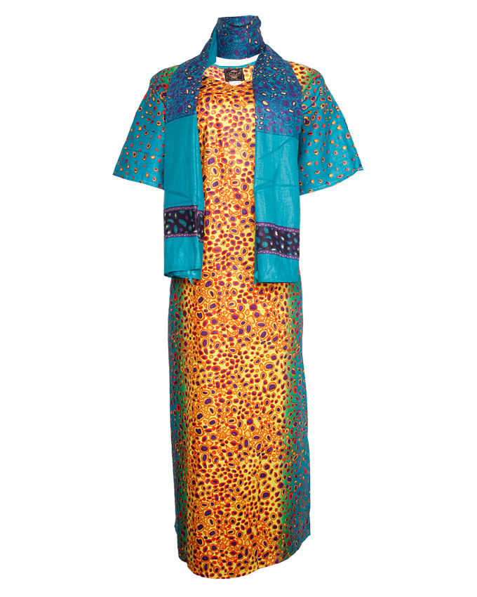 PINNER TURTLE SHELL INSPIRED MAXI DRESS WITH SCARF - blue/YELLOW SIZES 16 - 18 N7,500