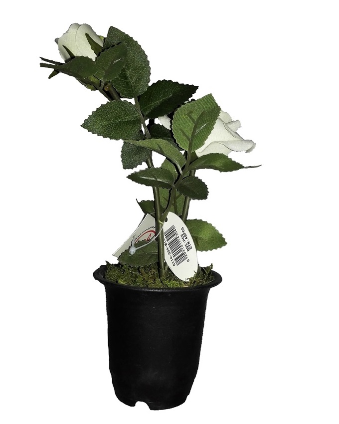 NEW VELVET ROSE IN SMALL PLASTIC WITH GREEN LEAF DETAIL 22CM - WHITE N2,500