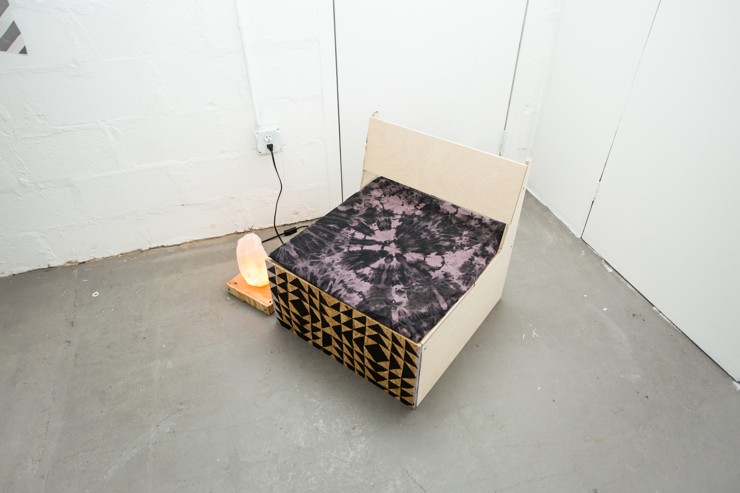 Charging Station 2 Wood, paint, resist discharge dyed cotton canvas, industrial felt, industrial felt, Himalayan salt lamp 2016 Photo courtesy of Nick Hay