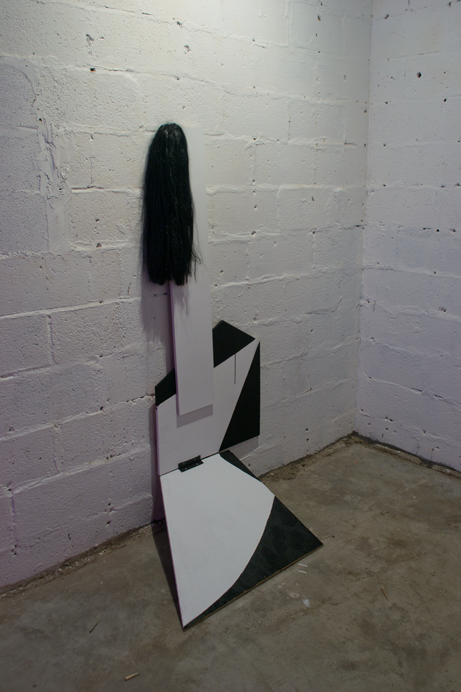 Untitled enamel on wood, wig, metal hinge 2015