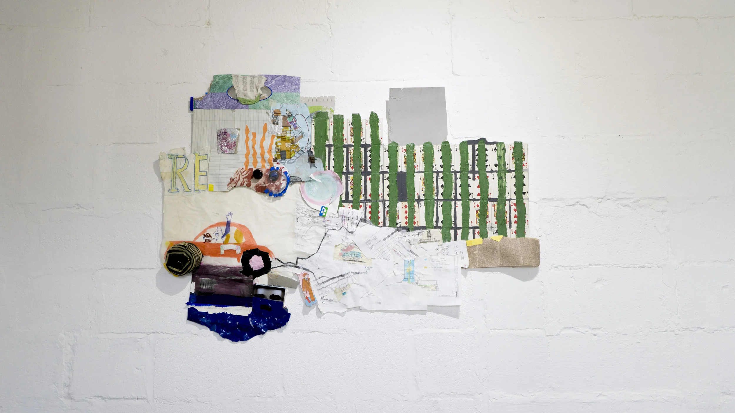 Saying Goodbye To Reoccuring Themes Angelo Kozonis paper, latex paint, playing cards, sock, fabric wrap, tape, pencil, foil, ink plastic 2016