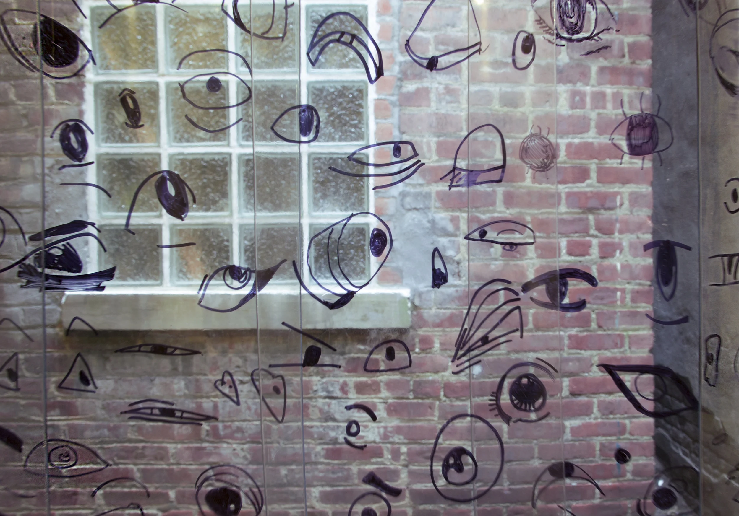 Mika Agari Pearl Onions and Black Eyed Peas 2017 Plastic industrial door curtain, collected ink drawings of eyes, steel hardware