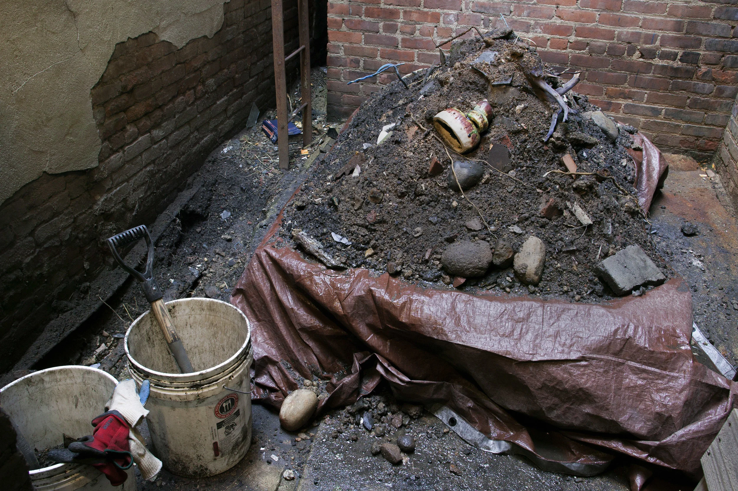 Jessica Clay Night Diggers 2017 Found materials extracted from site, painted sticks, tarp, buckets, gloves, and shovels