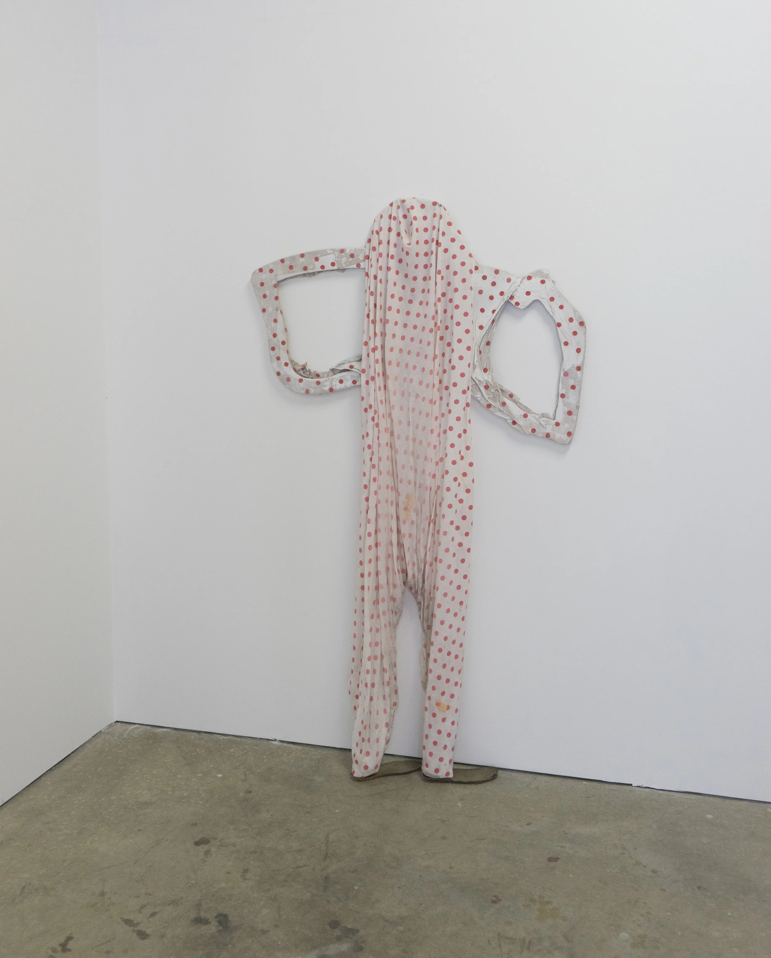 April Bachtel Soul’s Soles 2013 bed sheet, wood, acrylic, and shoe soles